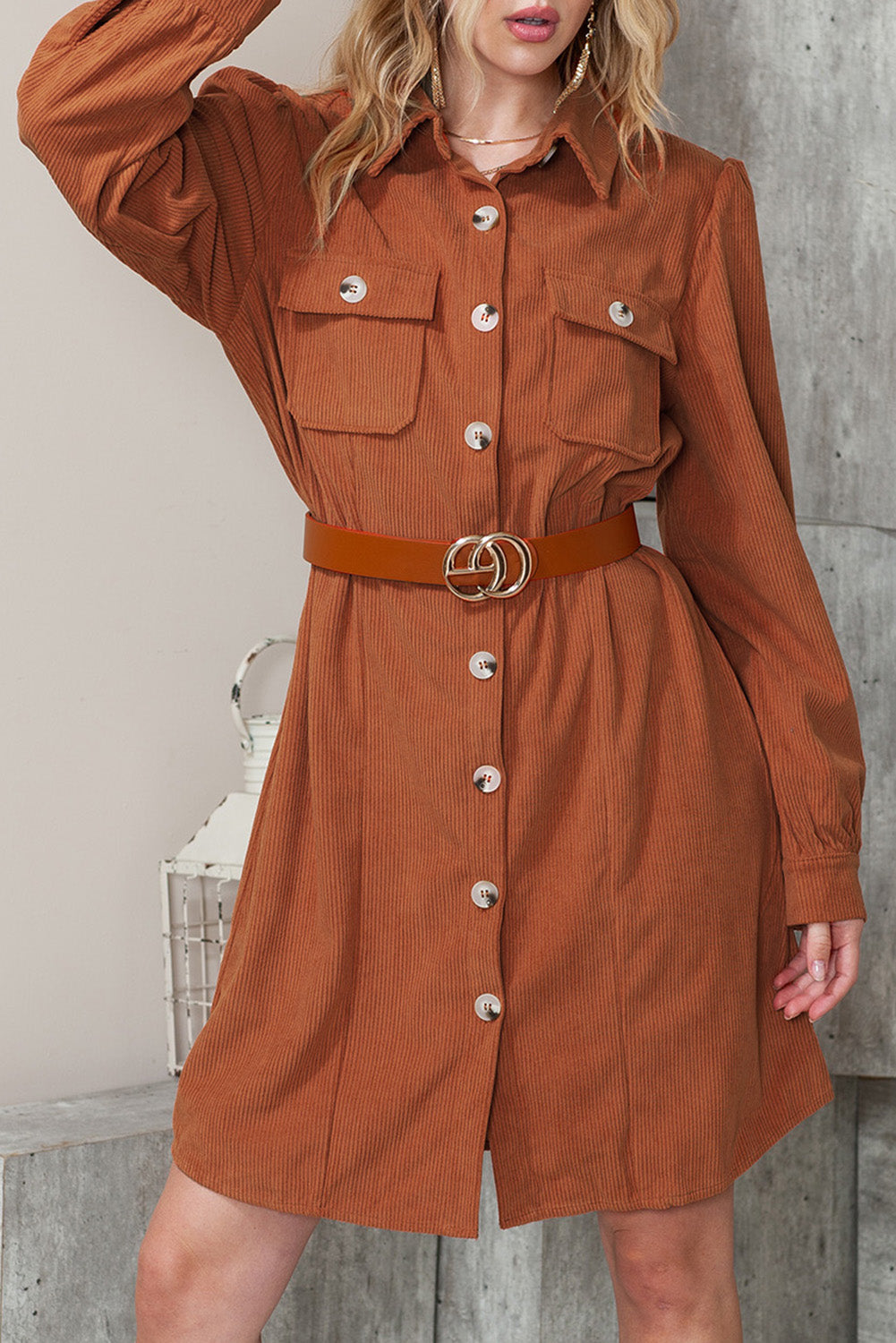 Khaki Flap Pockets Breasted Corduroy Shirt Short Dress