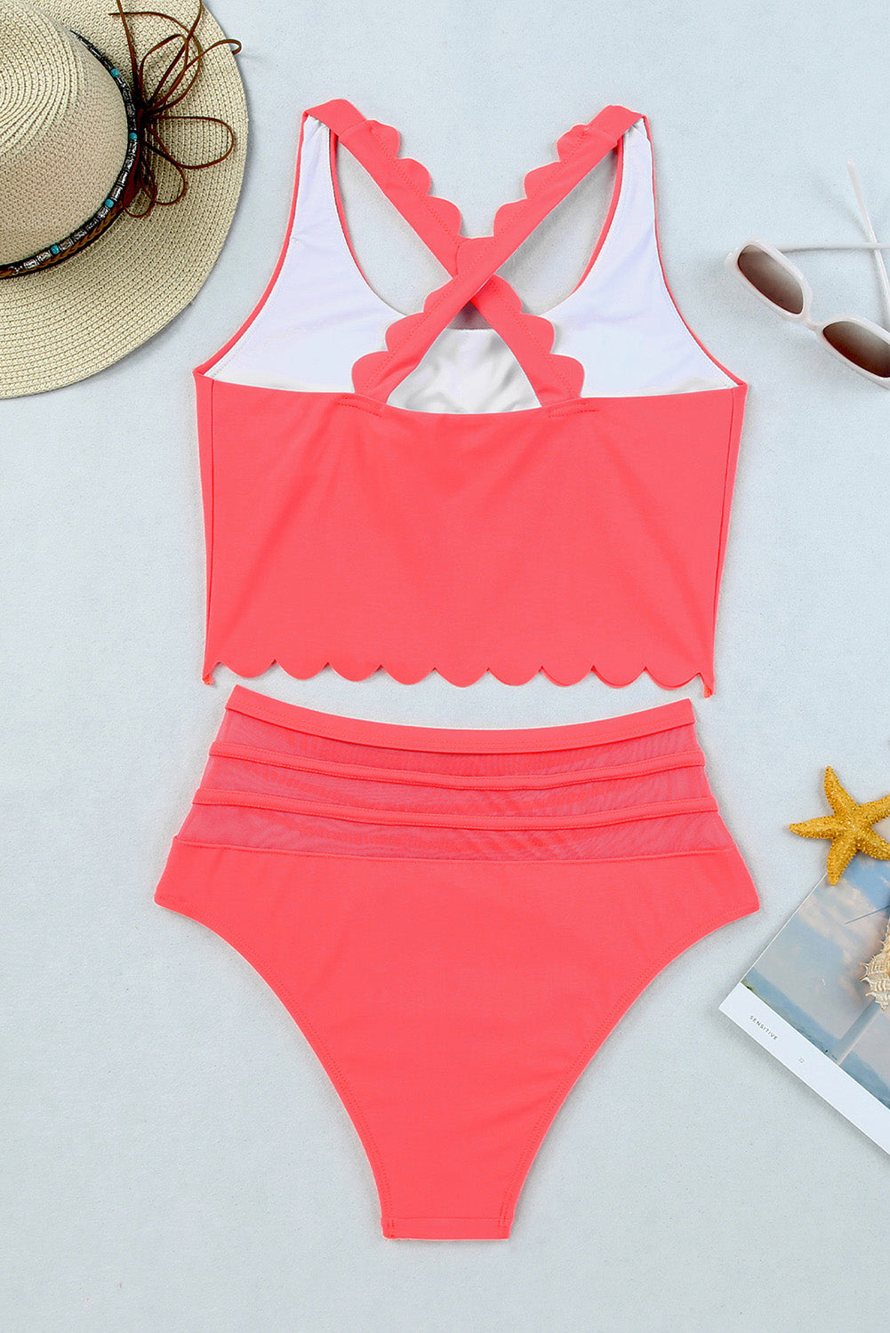 Fiery Red Scalloped Criss Cross High Waist Bikini