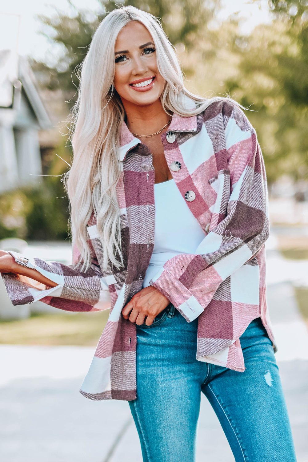 Plaid Buttoned Long Sleeve Jacket with Pocket