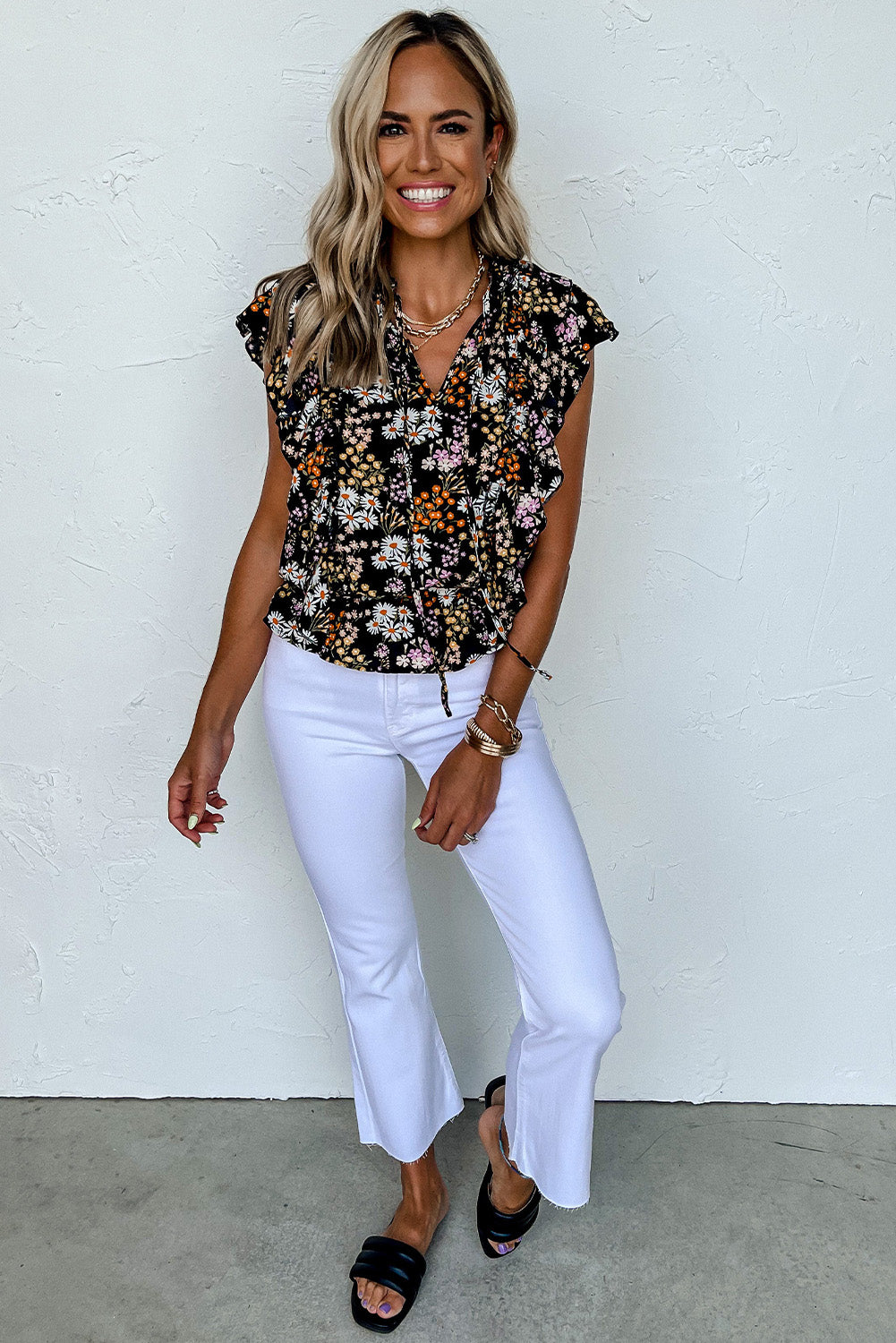 Black Floral Print Ruffle Drawstring V Neck Blouse