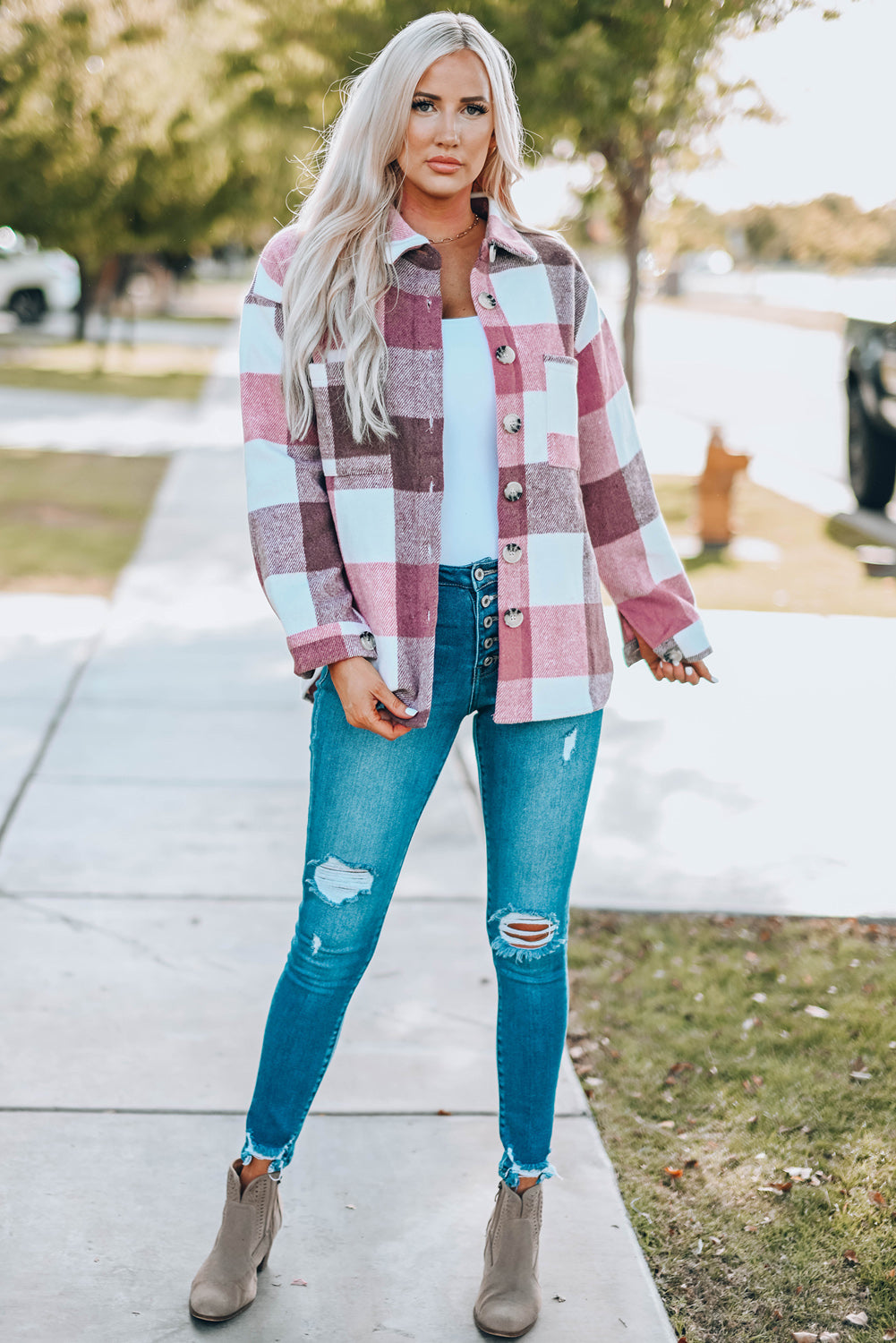 Plaid Buttoned Long Sleeve Jacket with Pocket