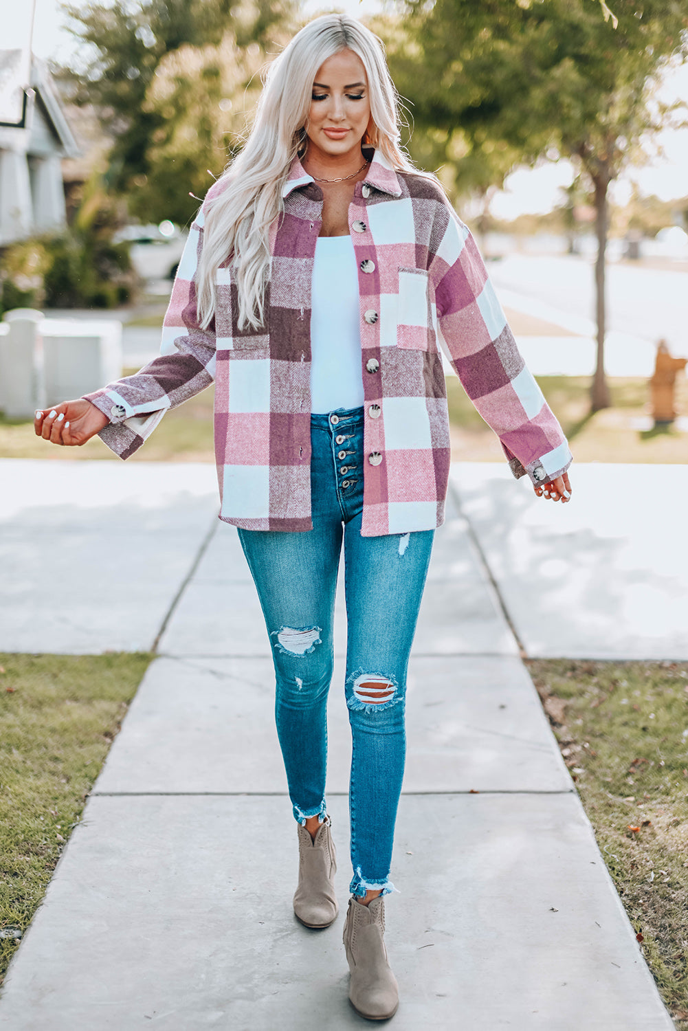 Plaid Buttoned Long Sleeve Jacket with Pocket