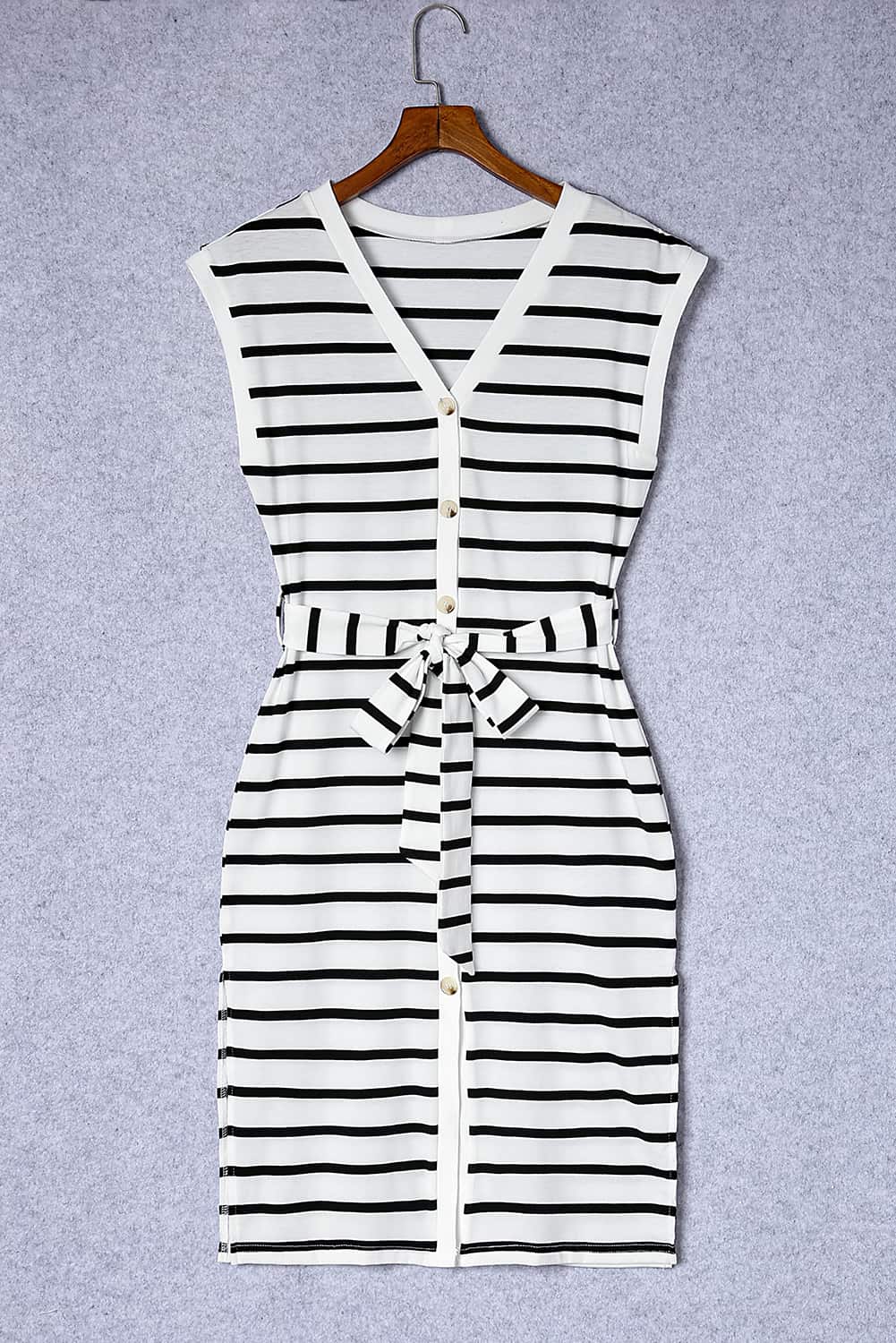Striped Button V-Neck Midi Dress