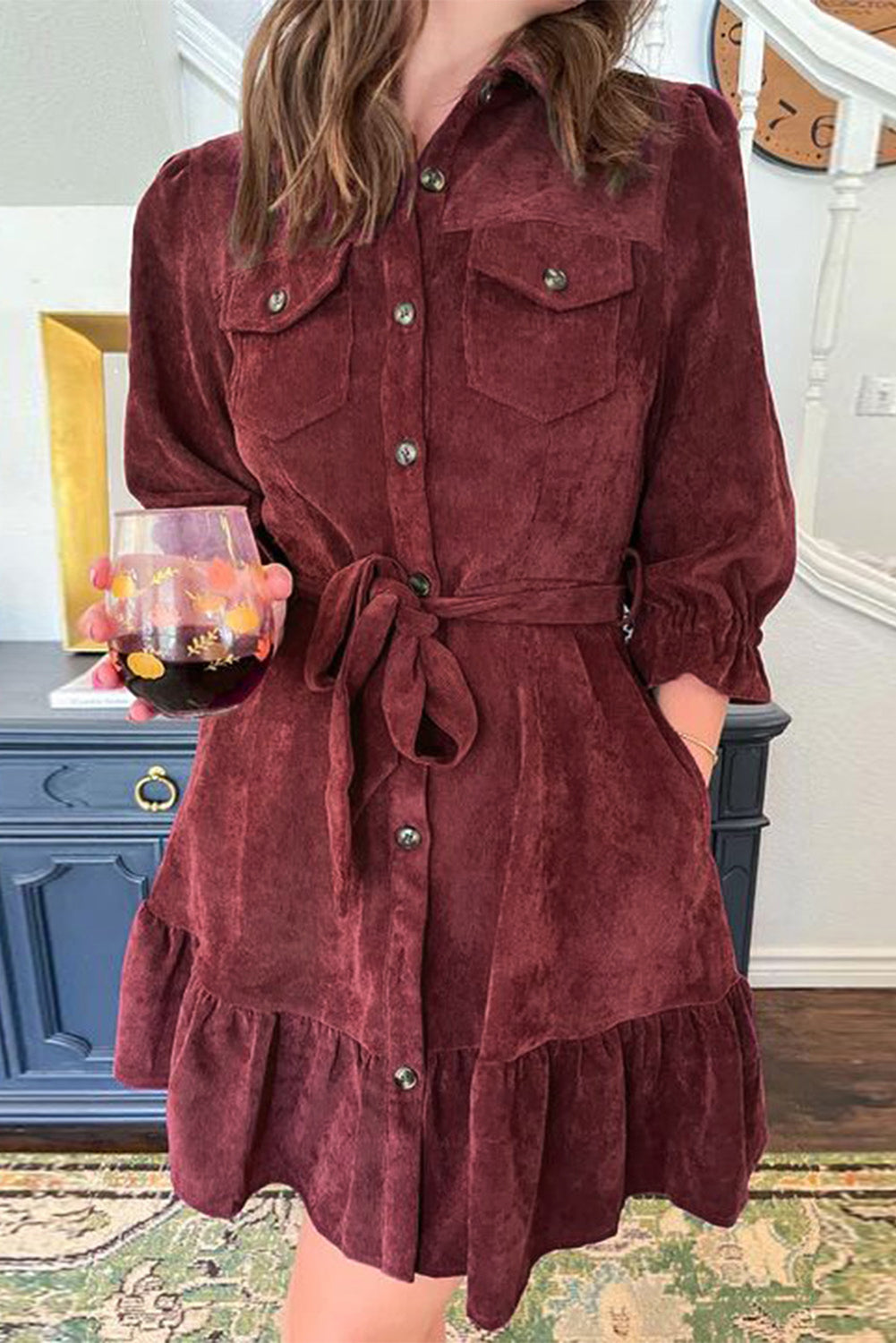 Red Dahlia Collared Buttons Corduroy Shirt Dress