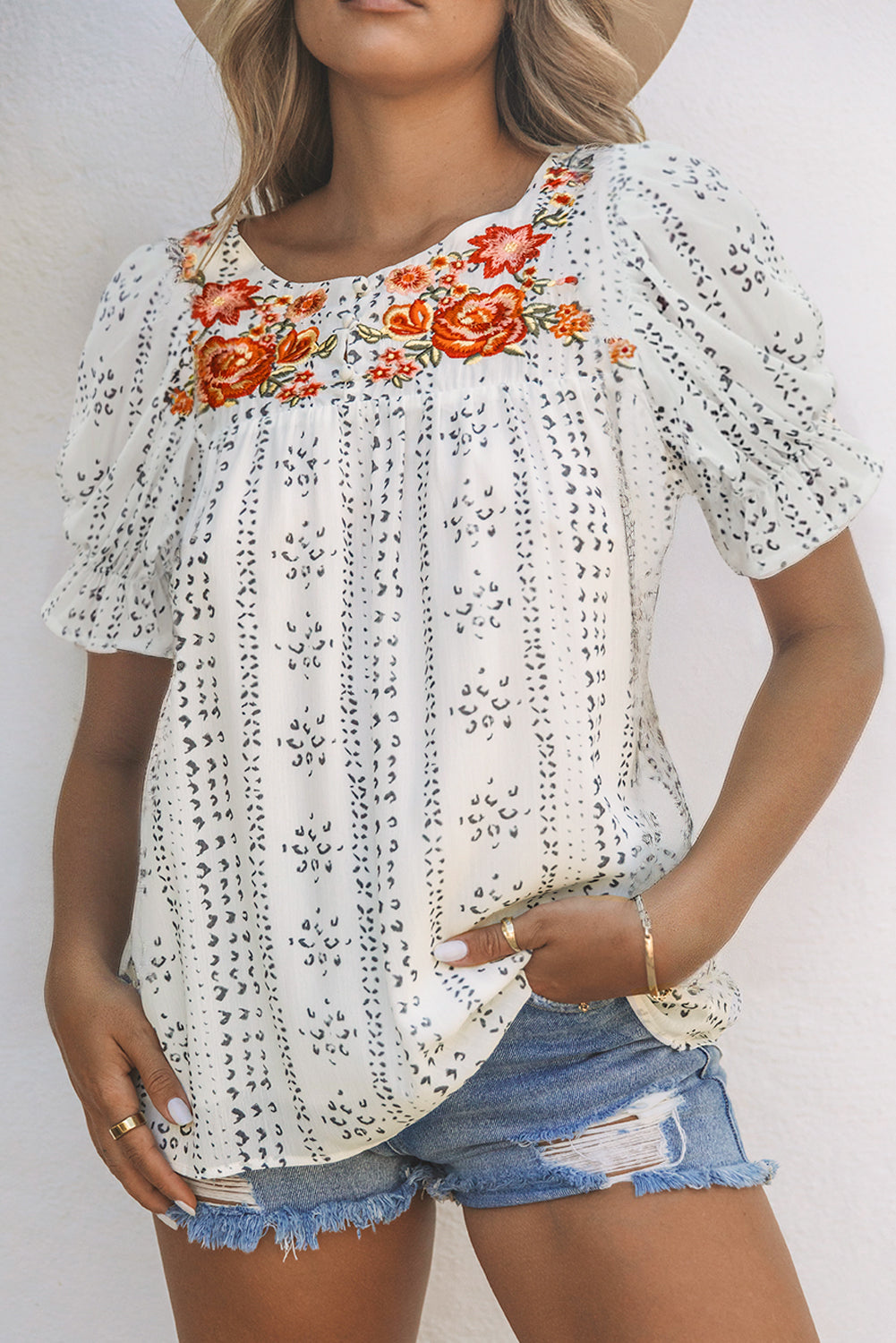 White Floral Embroidered Blouse