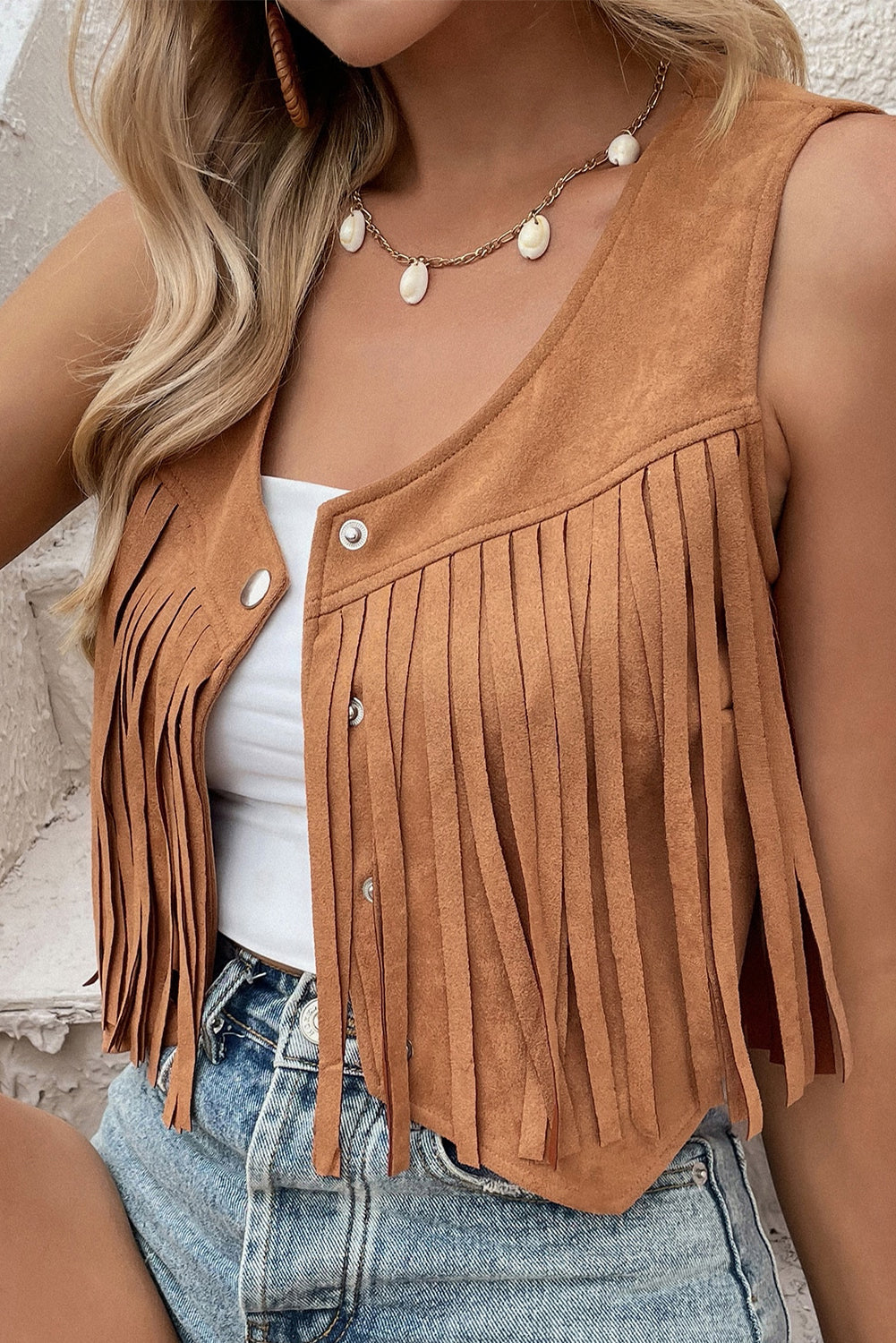 Camel Fringed Cropped Vest