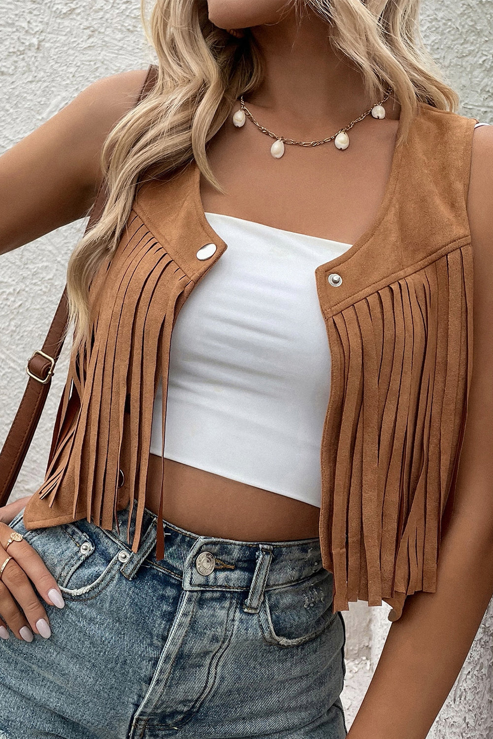 Camel Fringed Cropped Vest