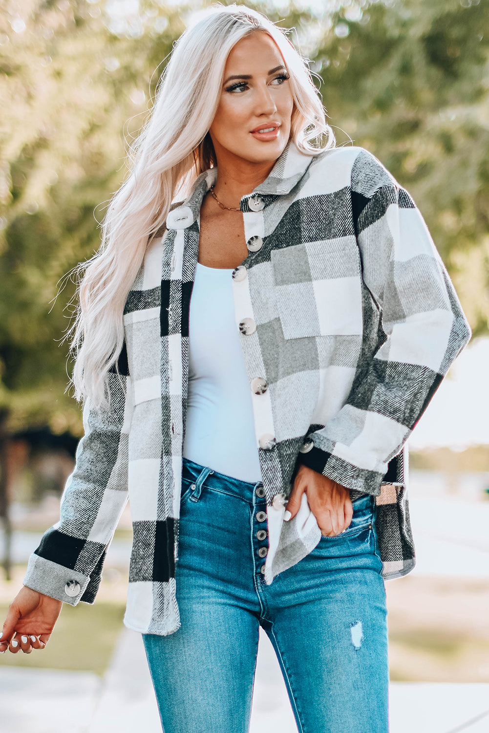 Gray Plaid Jacket with Pocket