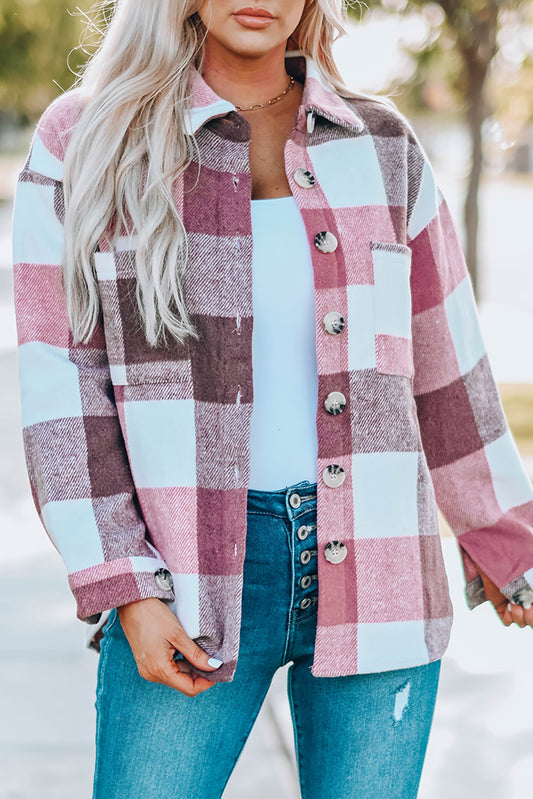 Plaid Buttoned Long Sleeve Jacket with Pocket