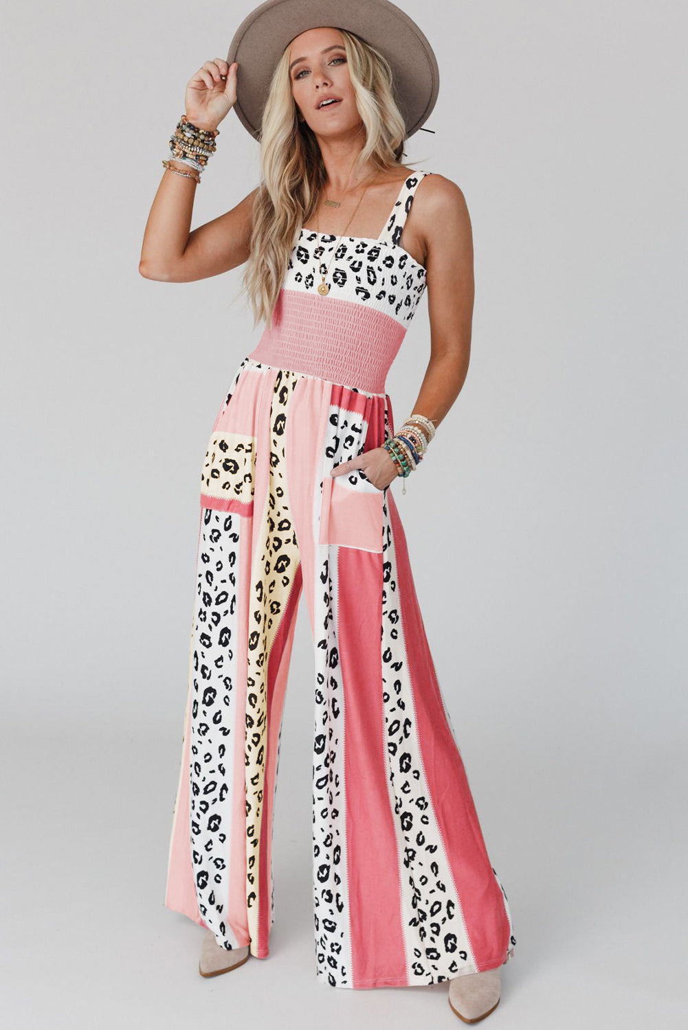 Leopard Color Block Mix Print Pocketed Jumpsuit