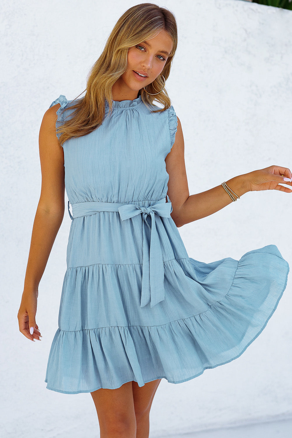Sky Blue Frilled Neck Sleeveless Tiered Tulle Dress