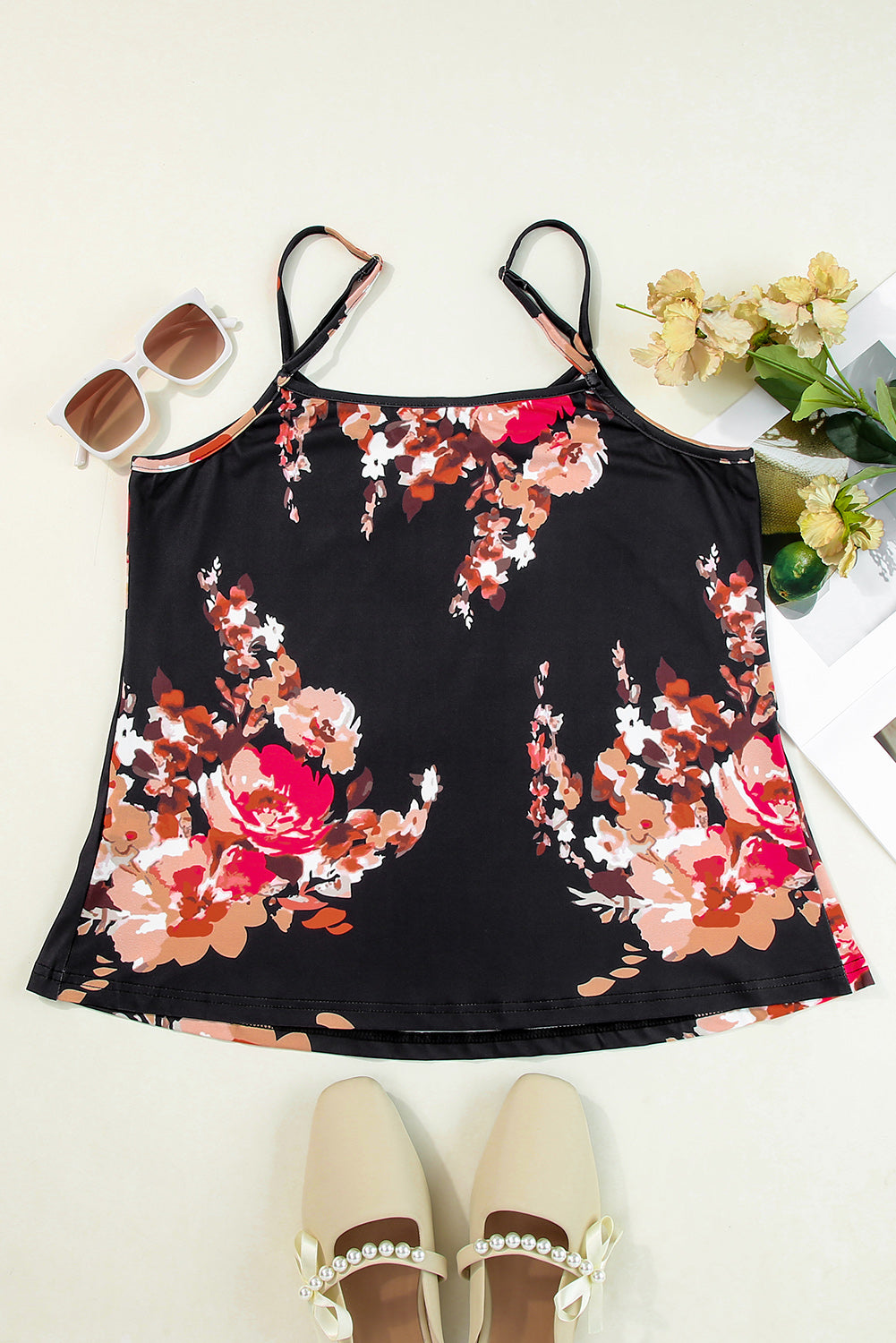 Black Floral Print Adjustable Spaghetti Strap V Neck Tank Top