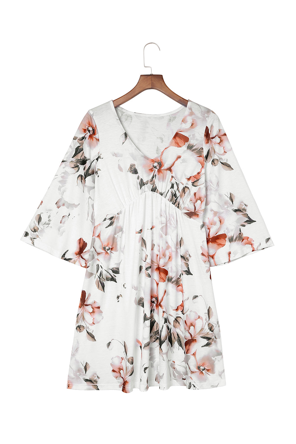 White Floral Print V Neck Flutter Half Sleeve Empire Waist Dress