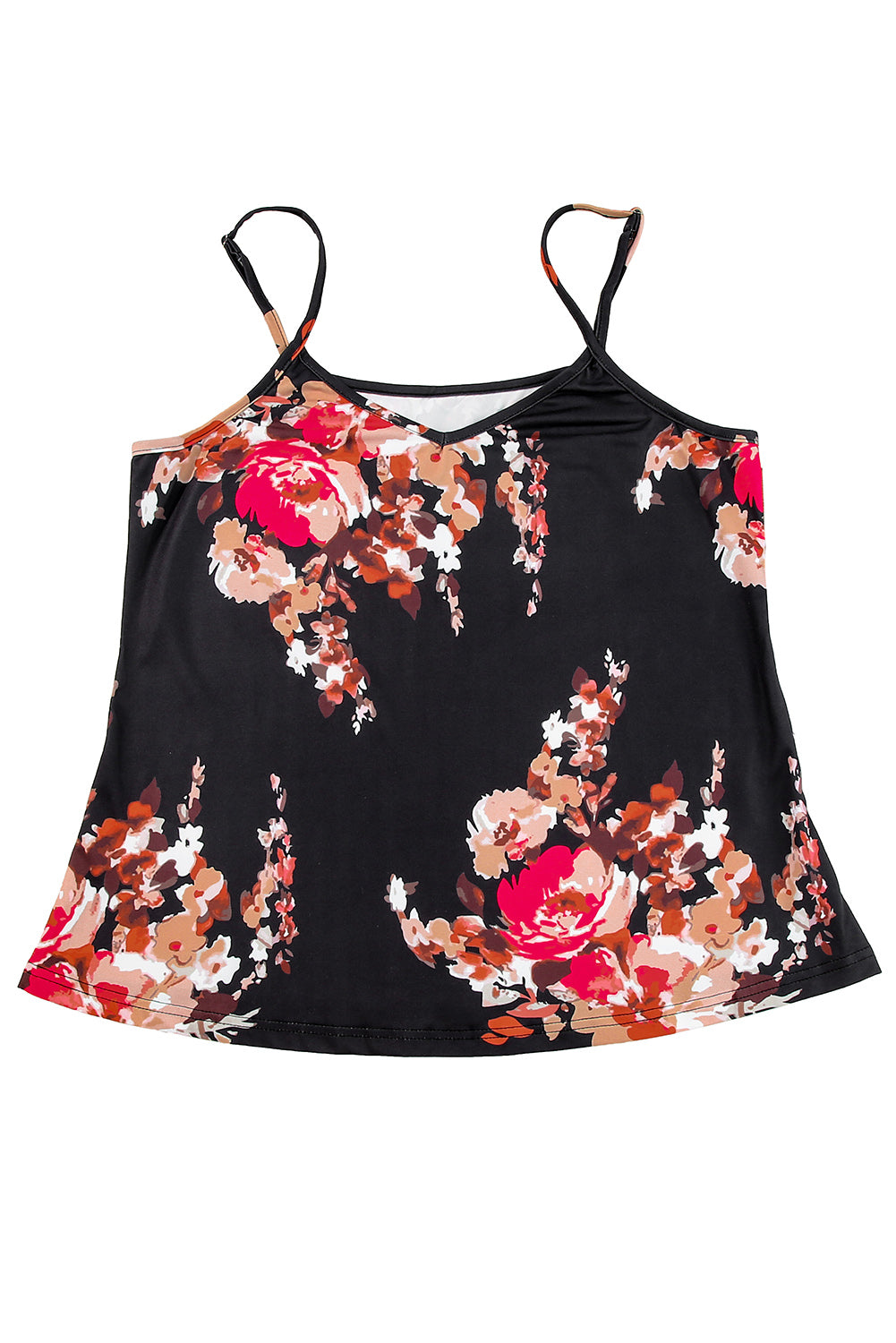 Black Floral Print Adjustable Spaghetti Strap V Neck Tank Top