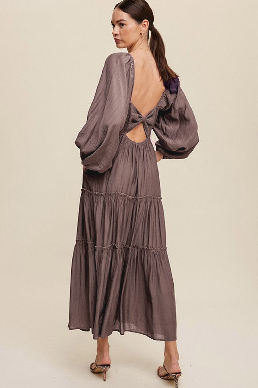 Brown V Neck Tiered Maxi Dress