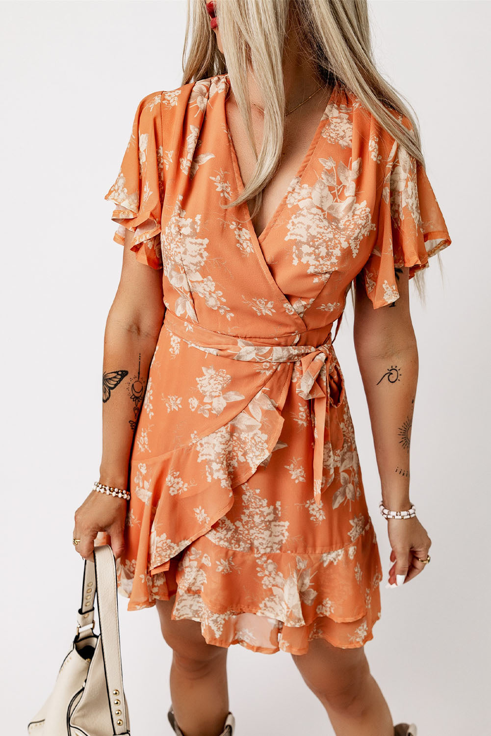 Orange Wrapped Floral Dress with Ruffle