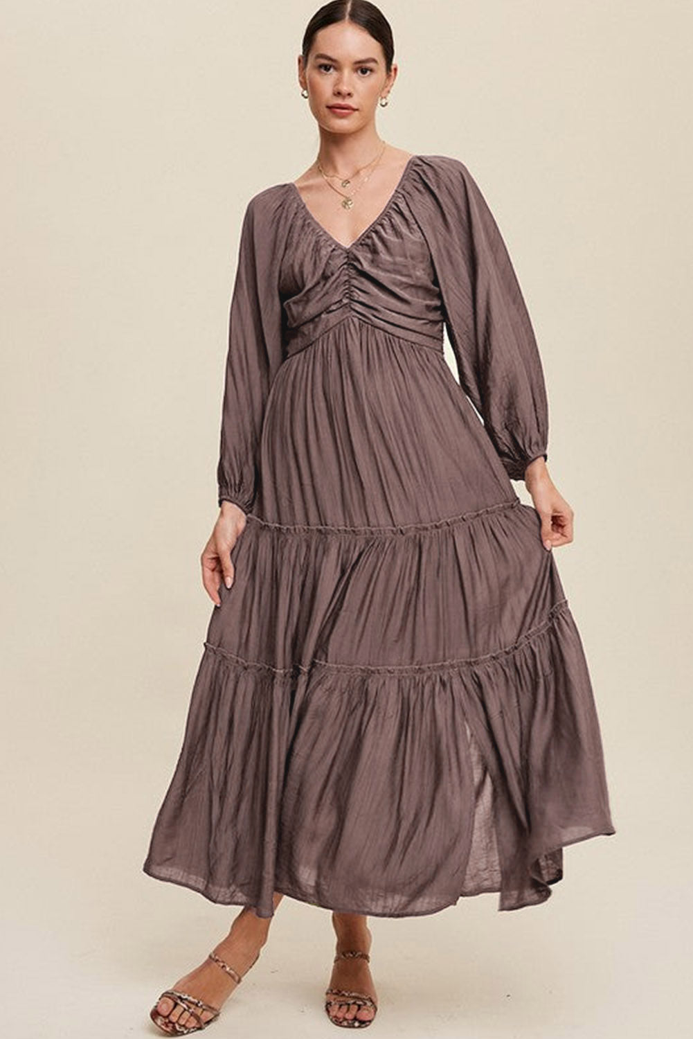 Brown V Neck Tiered Maxi Dress