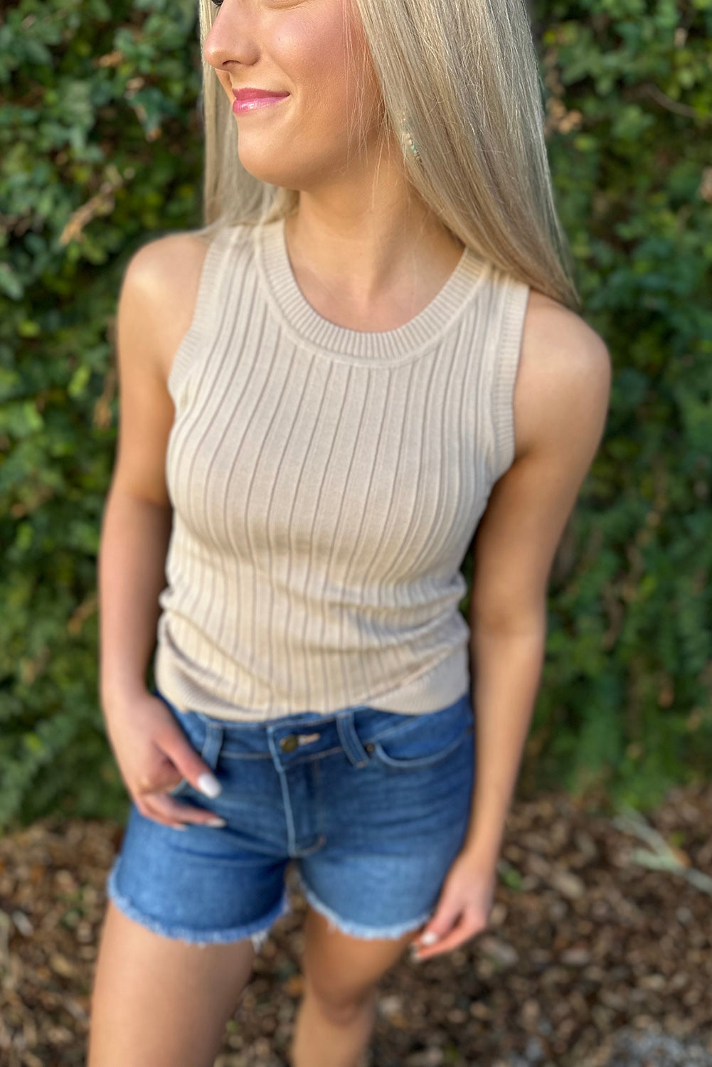 Apricot Ribbed Knit Crew Neck Tank Top
