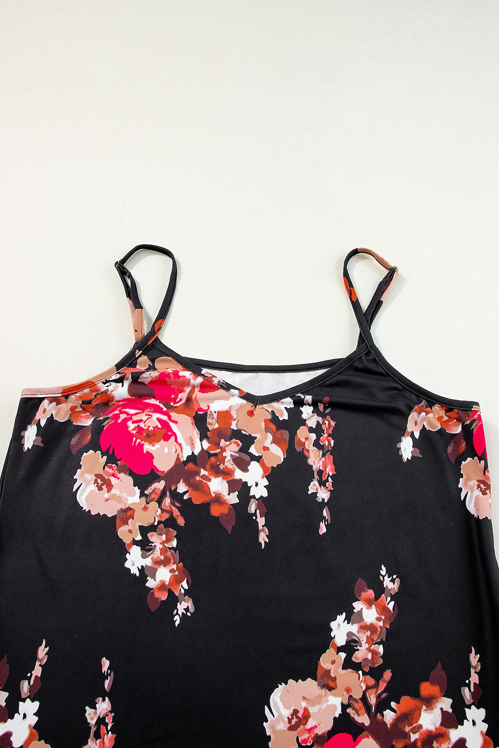 Black Floral Print Adjustable Spaghetti Strap V Neck Tank Top