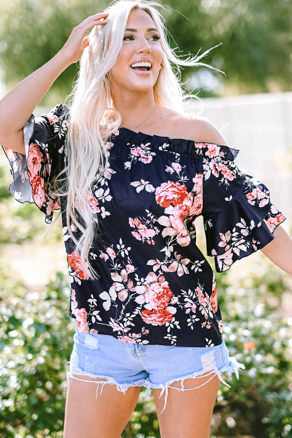 Blue Ruffle Off Shoulder Flounce Sleeve Floral Blouse