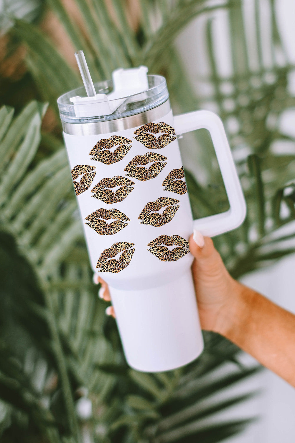 White Leopard Lips Print Cup with Straw 40oz