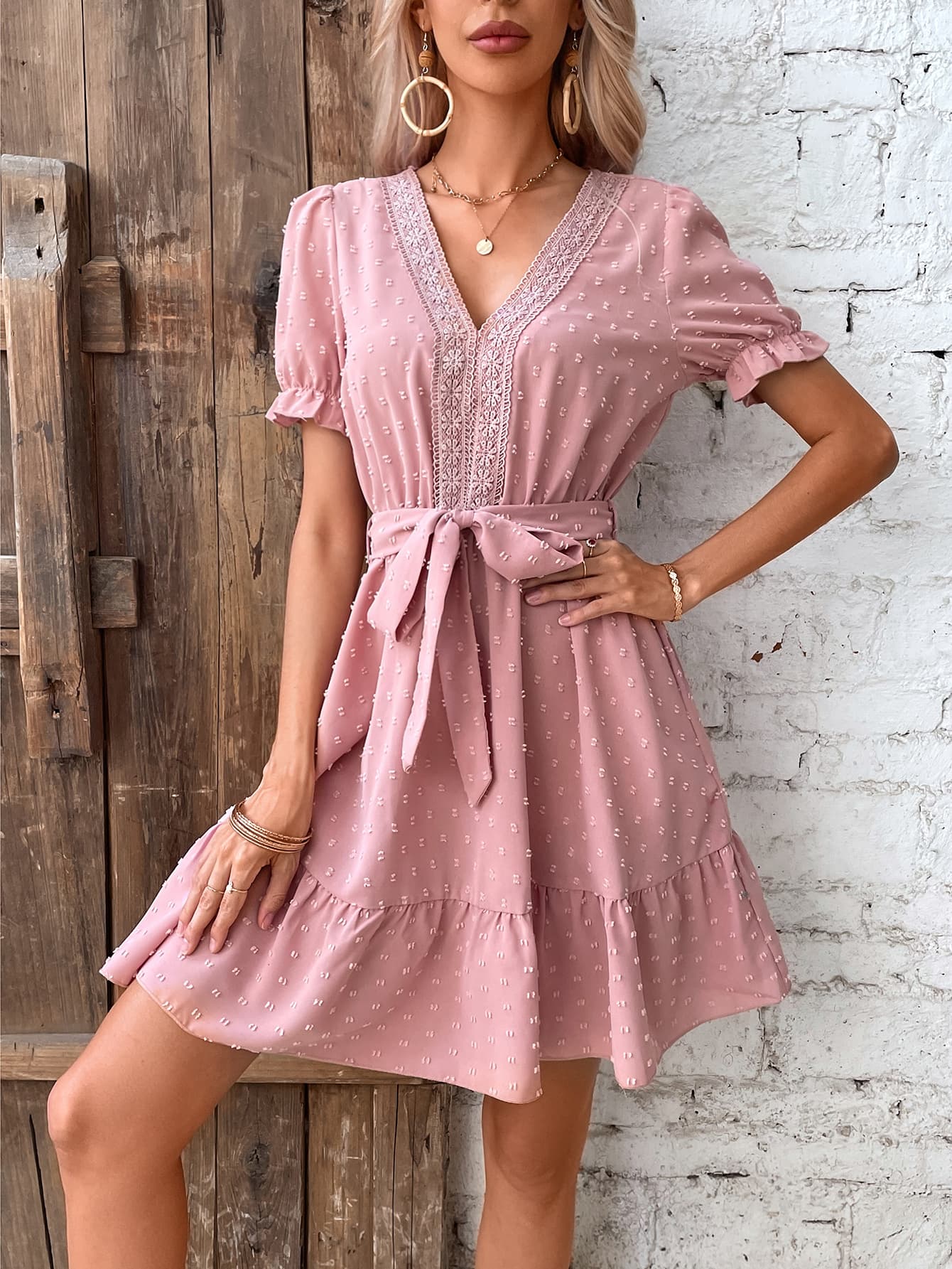 Swiss Dot V-Neck Flounce Sleeve Dress